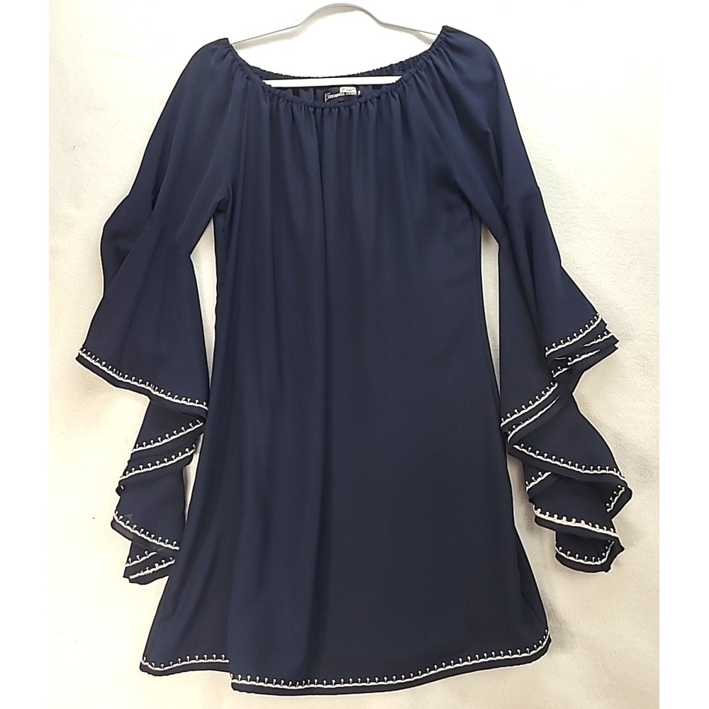 Rockwell Tharp Adrianna Navy Embroidered Knee Length Dress M Dolman Sleeve Flowy